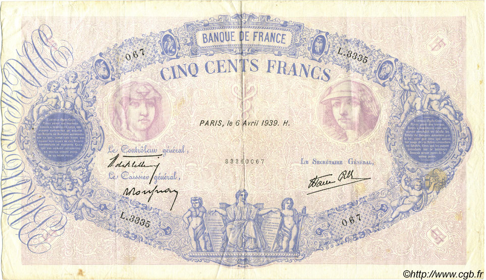 500 Francs BLEU ET ROSE modifié FRANCE  1939 F.31.30 VF