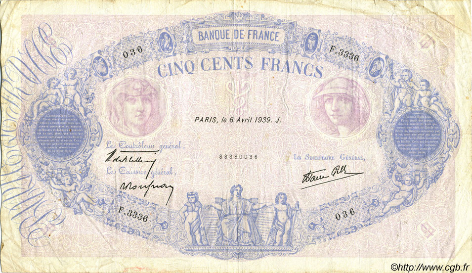 500 Francs BLEU ET ROSE modifié FRANCE  1939 F.31.30 F+