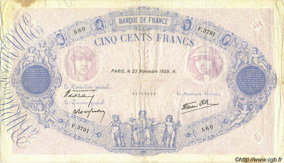 500 Francs BLEU ET ROSE modifié FRANCIA  1939 F.31.49 BC+