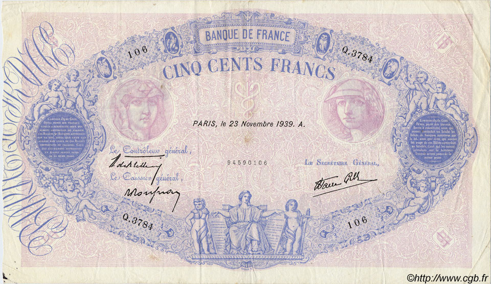 500 Francs BLEU ET ROSE modifié FRANCE  1939 F.31.49 VF
