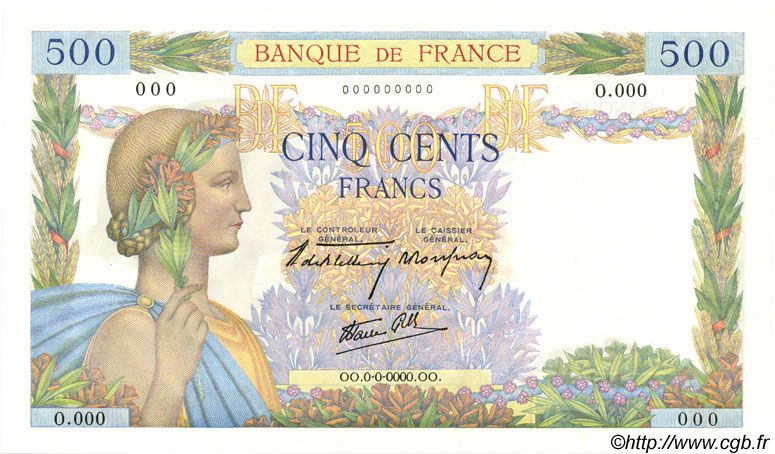 500 Francs LA PAIX Spécimen FRANCIA  1940 F.32.01S FDC