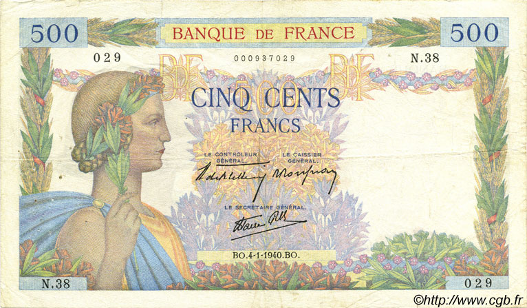 500 Francs LA PAIX FRANCIA  1940 F.32.01 BC+