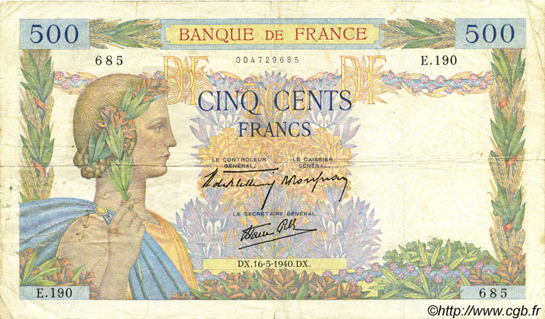 500 Francs LA PAIX FRANCIA  1940 F.32.02 BC