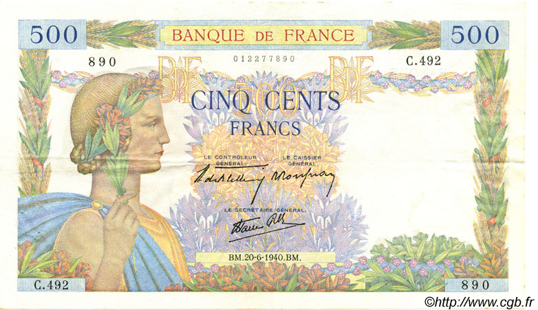 500 Francs LA PAIX FRANCIA  1940 F.32.03 q.SPL