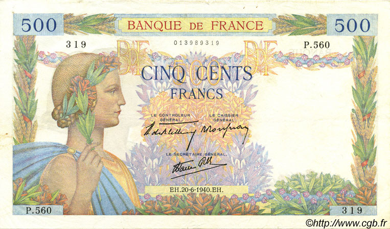 500 Francs LA PAIX FRANCE  1940 F.32.03 VF