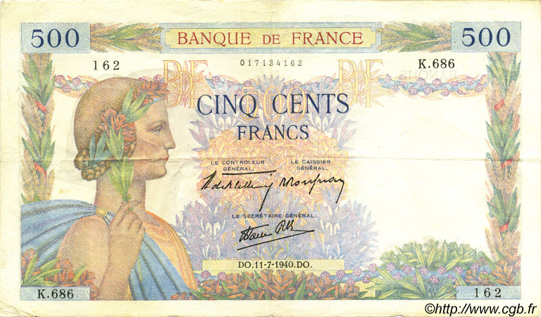 500 Francs LA PAIX FRANCE  1940 F.32.04 TTB
