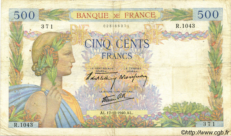 500 Francs LA PAIX FRANKREICH  1940 F.32.07 S