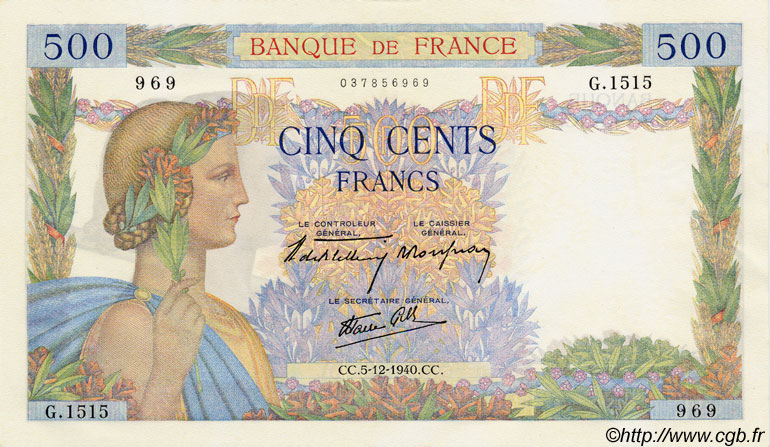 500 Francs LA PAIX FRANKREICH  1940 F.32.10 fST+