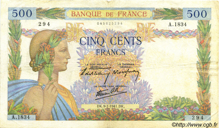 500 Francs LA PAIX FRANKREICH  1941 F.32.12 S