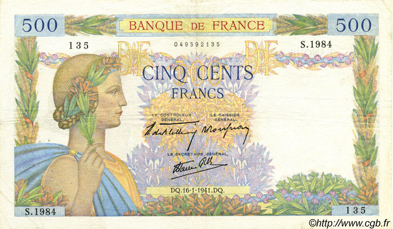 500 Francs LA PAIX FRANKREICH  1941 F.32.13 SS