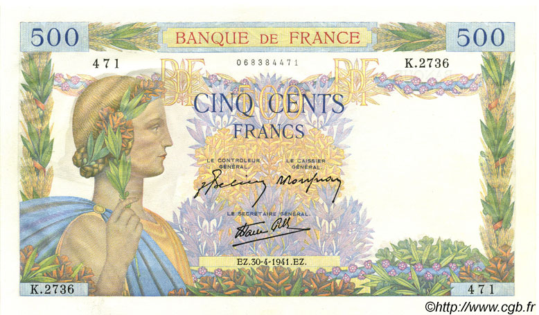 500 Francs LA PAIX FRANCE  1941 F.32.15 AU+