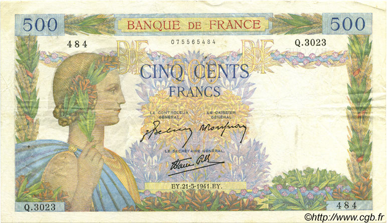 500 Francs LA PAIX FRANCIA  1941 F.32.17 BB