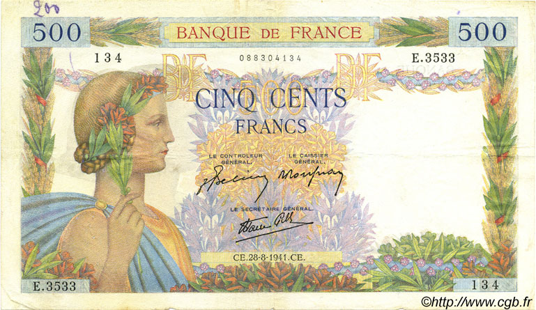 500 Francs LA PAIX FRANCE  1941 F.32.21 VF