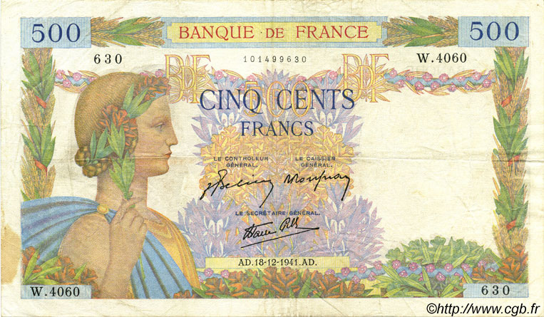 500 Francs LA PAIX FRANCE  1941 F.32.25 VF