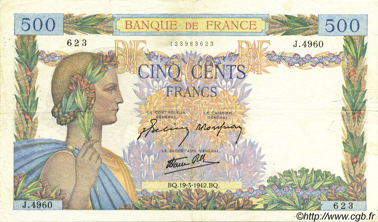 500 Francs LA PAIX FRANKREICH  1942 F.32.31 SS