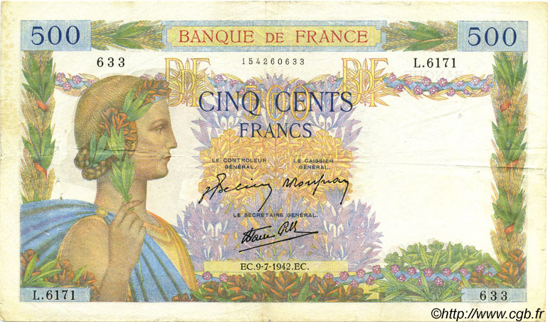 500 Francs LA PAIX FRANCIA  1942 F.32.36 BB