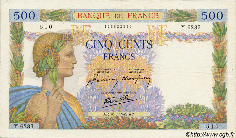 500 Francs LA PAIX FRANCIA  1942 F.32.37 q.SPL