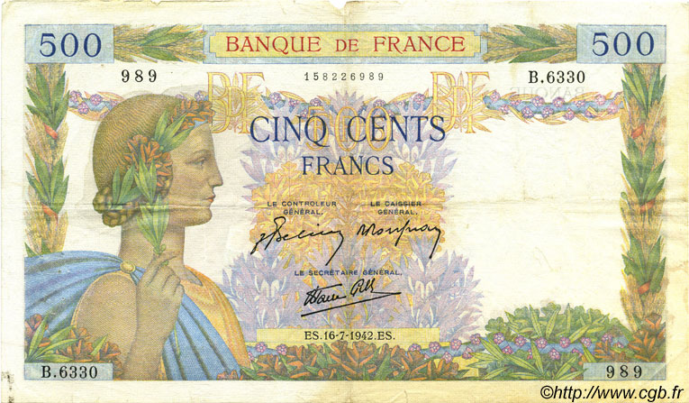 500 Francs LA PAIX FRANCIA  1942 F.32.37 BB