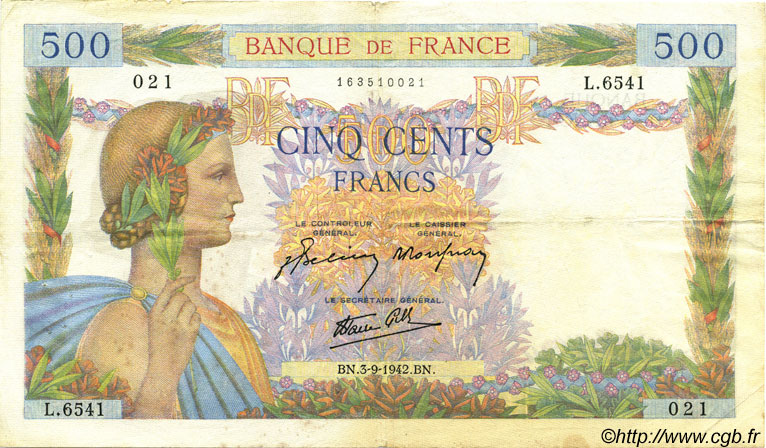 500 Francs LA PAIX FRANKREICH  1942 F.32.39 SS