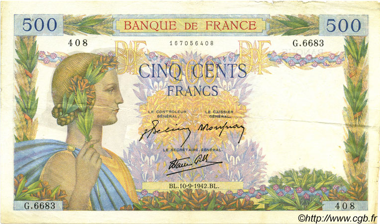 500 Francs LA PAIX FRANCE  1942 F.32.40 VF