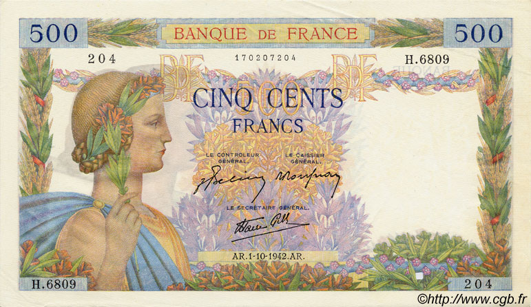 500 Francs LA PAIX FRANCIA  1942 F.32.41 BB to SPL