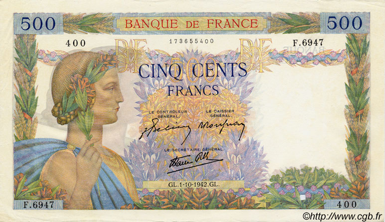 500 Francs LA PAIX FRANKREICH  1942 F.32.41 fVZ