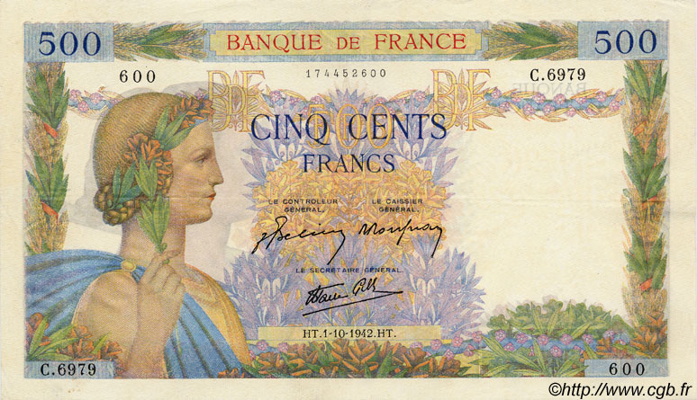 500 Francs LA PAIX FRANKREICH  1942 F.32.41 VZ+