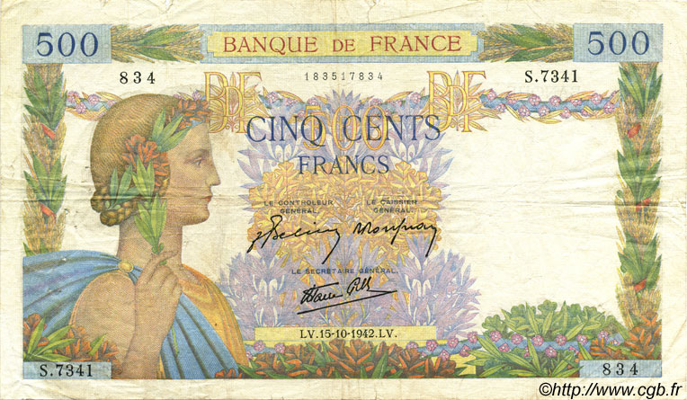 500 Francs LA PAIX FRANCE  1942 F.32.42 F