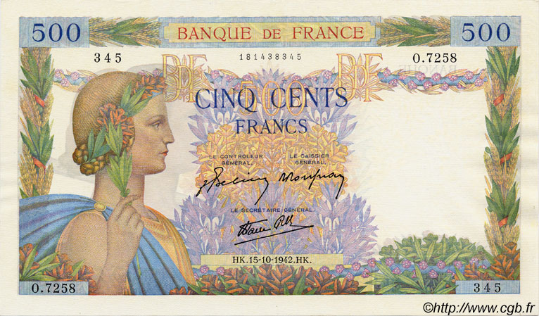 500 Francs LA PAIX FRANKREICH  1942 F.32.42 fST+