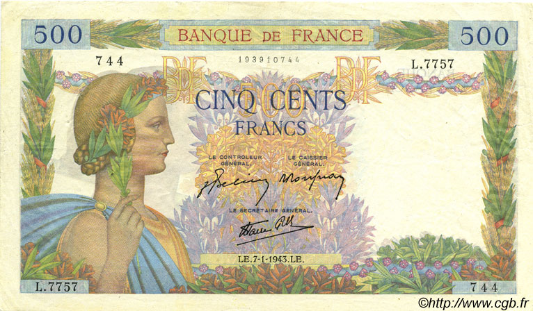 500 Francs LA PAIX FRANKREICH  1943 F.32.44 VZ