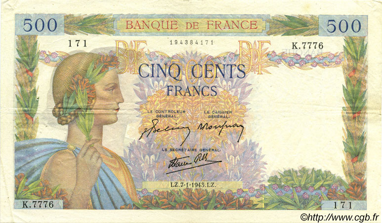 500 Francs LA PAIX FRANCIA  1943 F.32.44 q.SPL