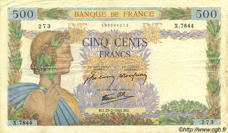 500 Francs LA PAIX FRANKREICH  1943 F.32.45 SS