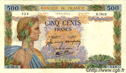 500 Francs LA PAIX FRANCE  1943 F.32.45 VF
