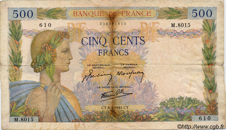 500 Francs LA PAIX FRANCE  1944 F.32.46 VG