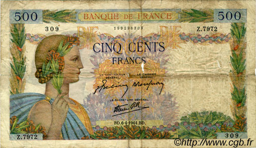 500 Francs LA PAIX FRANKREICH  1944 F.32.46 SGE