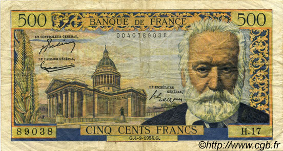 500 Francs VICTOR HUGO FRANCE  1954 F.35.02 F