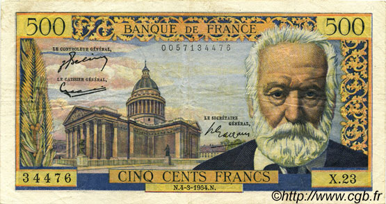 500 Francs VICTOR HUGO FRANCIA  1954 F.35.02 MBC