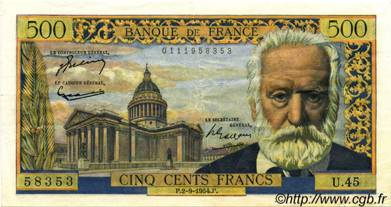 500 Francs VICTOR HUGO FRANCIA  1954 F.35.03 EBC