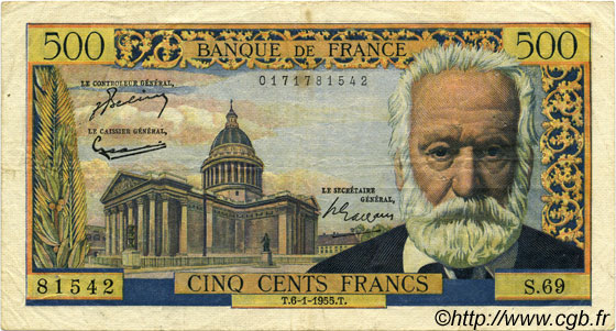 500 Francs VICTOR HUGO FRANCIA  1955 F.35.04 BC a MBC