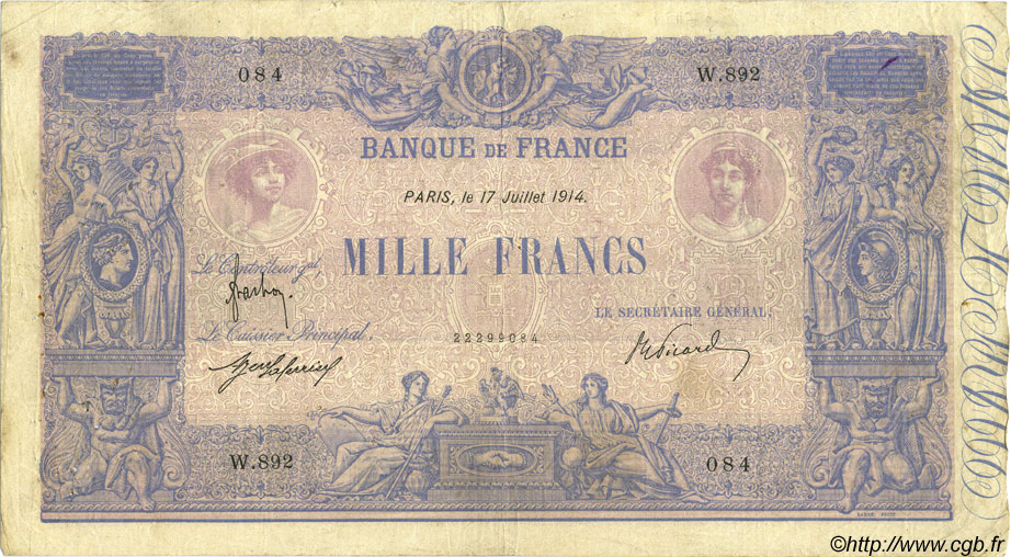 1000 Francs BLEU ET ROSE FRANKREICH  1914 F.36.28 fS