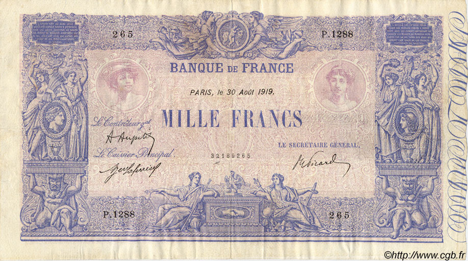 1000 Francs BLEU ET ROSE FRANKREICH  1919 F.36.34 SS