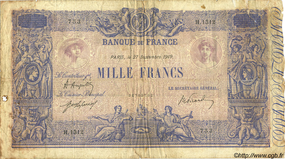 1000 Francs BLEU ET ROSE FRANKREICH  1919 F.36.34 SGE