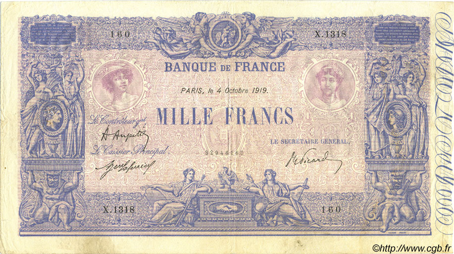 1000 Francs BLEU ET ROSE FRANCE  1919 F.36.34 VF-