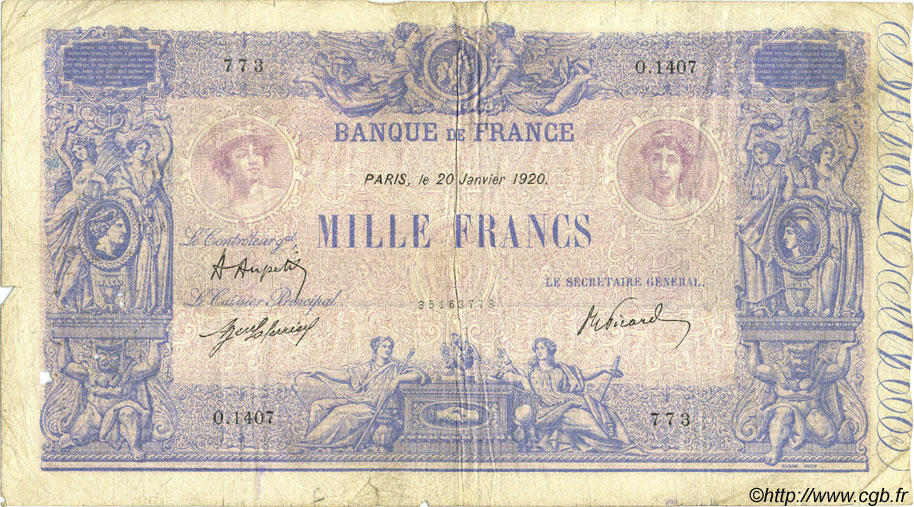 1000 Francs BLEU ET ROSE FRANCIA  1920 F.36.35 RC