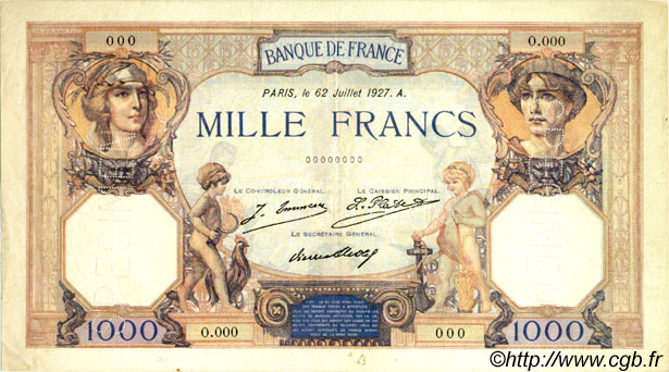 1000 Francs CÉRÈS ET MERCURE Spécimen FRANCIA  1927 F.37.01Sp MBC+