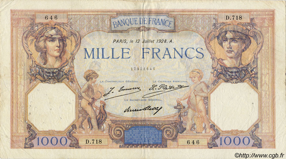 1000 Francs CÉRÈS ET MERCURE FRANCIA  1928 F.37.02 BC a MBC