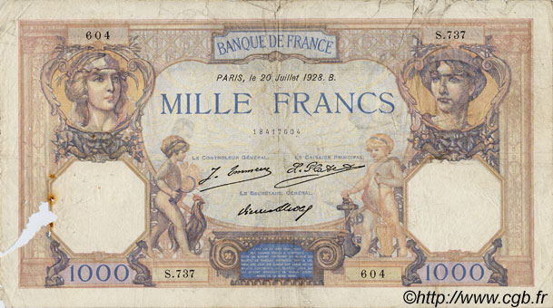 1000 Francs CÉRÈS ET MERCURE FRANCIA  1928 F.37.02 q.B