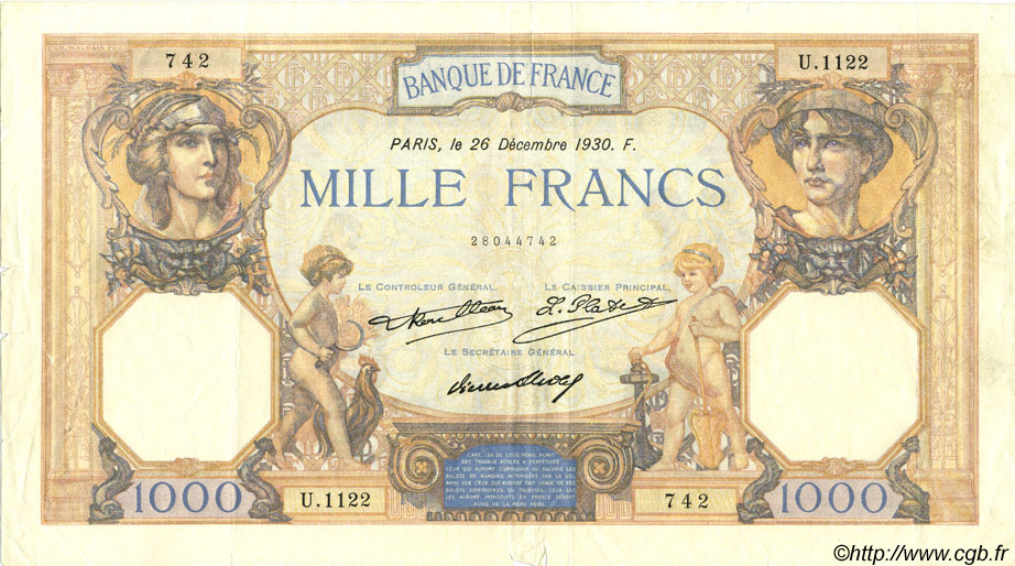 1000 Francs CÉRÈS ET MERCURE FRANCIA  1930 F.37.05 MBC+