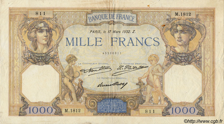 1000 Francs CÉRÈS ET MERCURE FRANCIA  1932 F.37.07 q.MB