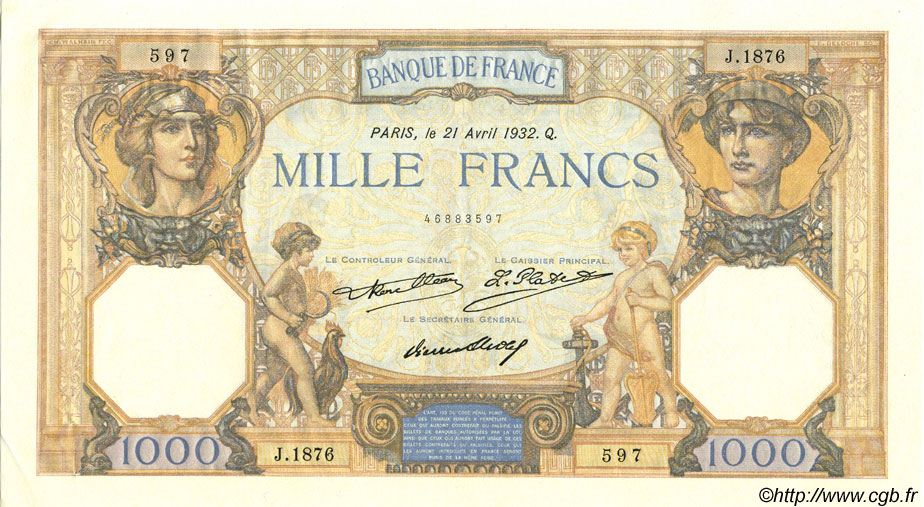 1000 Francs CÉRÈS ET MERCURE FRANKREICH  1932 F.37.07 VZ to fST